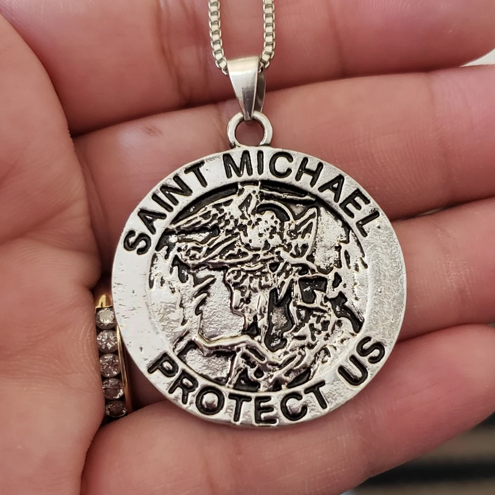 Archangel St. Michael Silver Tone Pendant Chain Necklac